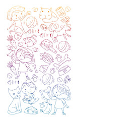 Pet shop. Vector illustration with animals, dog, cat, fish, Colorful background with kitten, bird, puppy. Veterinarian clinic.