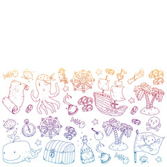 Pirate party. Illustrations for little children. Kids birthday celebration with treasure island, octopus, pirates