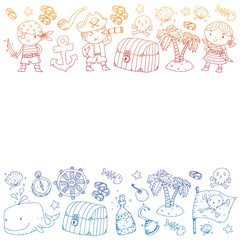 Fototapeta premium Pirate party. Illustrations for little children. Kids birthday celebration with treasure island, octopus, pirates