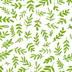 Naklejka na ściany i meble Seamless spring pattern. Simple green leaves and twigs on a white background. Vintage print for textiles. Vector illustration.
