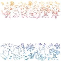 Pirate party. Illustrations for little children. Kids birthday celebration with treasure island, octopus, pirates