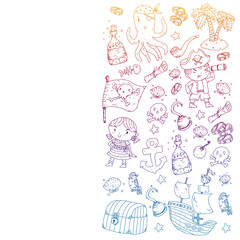 Pirate party. Illustrations for little children. Kids birthday celebration with treasure island, octopus, pirates