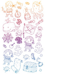 Pirate party. Illustrations for little children. Kids birthday celebration with treasure island, octopus, pirates