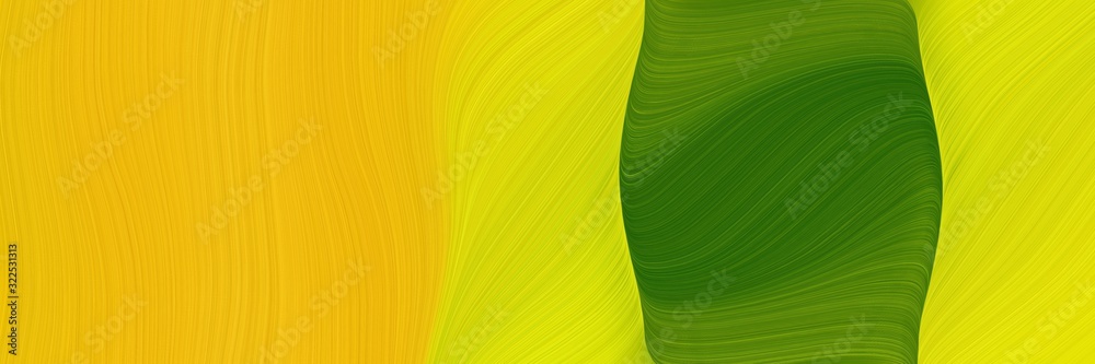 Poster moving horizontal header with dark green, amber and gold colors. dynamic curved lines with fluid flowing waves and curves