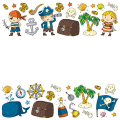 Pirate party. Illustrations for little children. Kids birthday celebration with treasure island, octopus, pirates