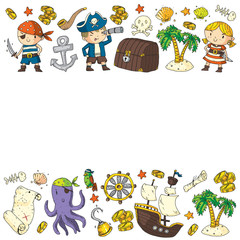 Pirate party. Illustrations for little children. Kids birthday celebration with treasure island, octopus, pirates