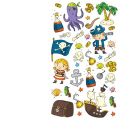 Pirate party. Illustrations for little children. Kids birthday celebration with treasure island, octopus, pirates