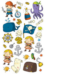 Pirate party. Illustrations for little children. Kids birthday celebration with treasure island, octopus, pirates