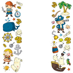 Pirate party. Illustrations for little children. Kids birthday celebration with treasure island, octopus, pirates