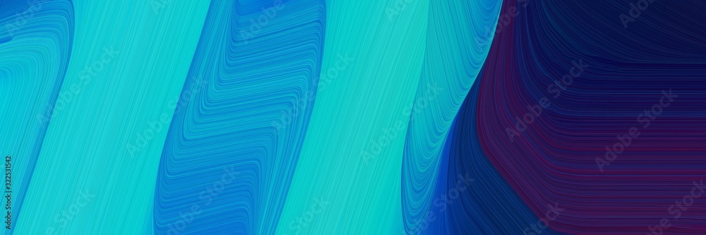 Poster flowing designed horizontal banner with very dark blue, dark turquoise and strong blue colors. dynamic curved lines with fluid flowing waves and curves