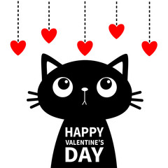 Happy Valentines Day. Cat looking at red heart set hanging on thread. Black silhouette sticker print. Cute cartoon funny character. Kawaii pet baby animal. Flat design. White background.
