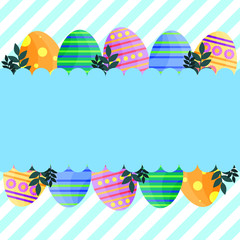 This is flat happy Easter Day background. Cute card with Easter eggs and leaves on light blue background.