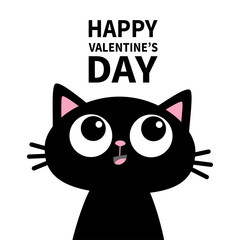 Happy Valentines Day. Black cat face head silhouette looking up. Cute cartoon character. Kawaii smiling animal. Baby card. Pet collection. Flat design style. Isolated. White background.