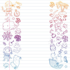 Pirate party. Illustrations for little children. Kids birthday celebration with treasure island, octopus, pirates