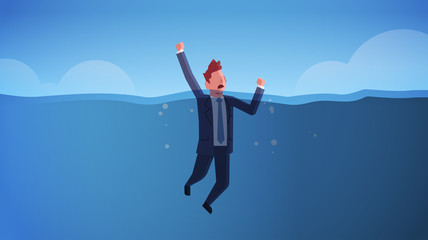 drowning businessman raising his hands out of water insolvency failure crisis bankruptcy concept sinking business man in sea needs urgent help horizontal full length vector illustration - obrazy, fototapety, plakaty