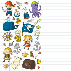 Pirate party. Illustrations for little children. Kids birthday celebration with treasure island, octopus, pirates