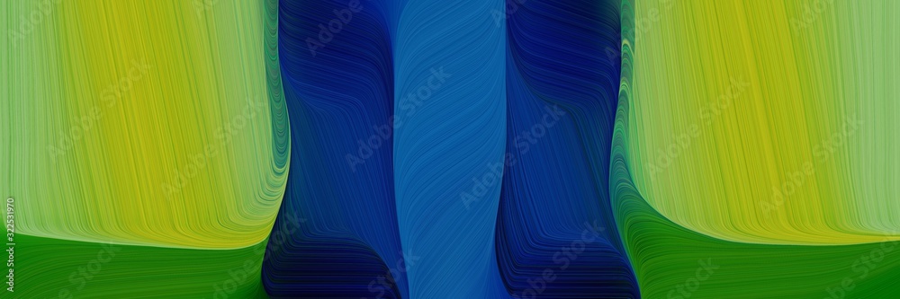Poster moving banner with yellow green, teal green and midnight blue colors. dynamic curved lines with flui