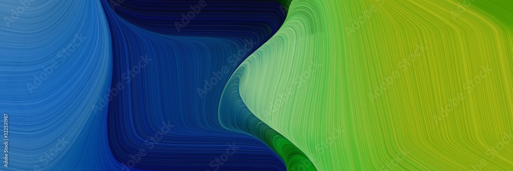 Poster flowing header design with moderate green, very dark blue and strong blue colors. dynamic curved lin