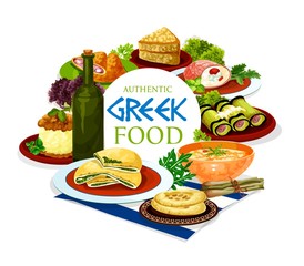 Greek food of meat, vegetable and dessert dishes vector design. Wine and bread, served with beef and eggplant rolls, spinach and ham pies, lentil soup, chicken stew, mashed potato and honey cake