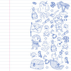 Pirate party. Illustrations for little children. Kids birthday celebration with treasure island, octopus, pirates