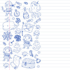 Pirate party. Illustrations for little children. Kids birthday celebration with treasure island, octopus, pirates