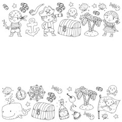 Pirate party. Illustrations for little children. Kids birthday celebration with treasure island, octopus, pirates