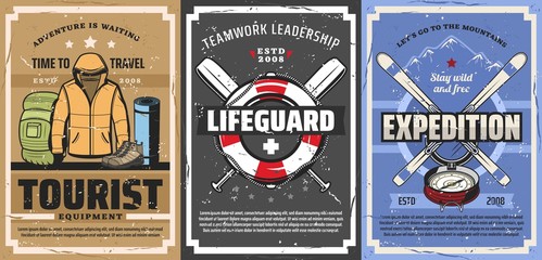 Tourist and lifeguard equipment, travel, tourism, hiking and camping vector design. Mountain skis, trekking boots and backpack, compass, jacket and rubber mat roll, lifebuoy, ropes and paddles