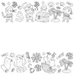 Pirate party. Illustrations for little children. Kids birthday celebration with treasure island, octopus, pirates