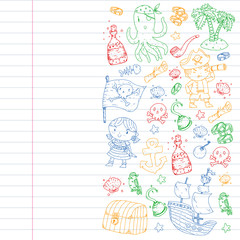 Fototapeta premium Pirate party. Illustrations for little children. Kids birthday celebration with treasure island, octopus, pirates