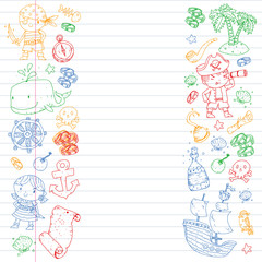 Pirate party. Illustrations for little children. Kids birthday celebration with treasure island, octopus, pirates