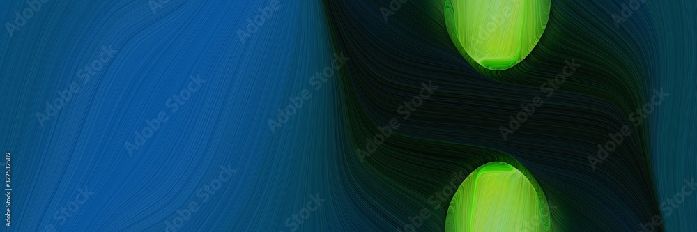 Poster surreal header design with very dark blue, strong blue and moderate green colors. dynamic curved lin