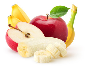 Isolated fruits. Bananas and apples isolated on white background with clipping path