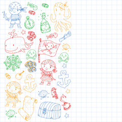 Pirate party. Illustrations for little children. Kids birthday celebration with treasure island, octopus, pirates