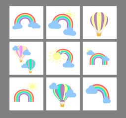 Collection of flat vector rainbow and balloon icons.