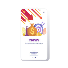 falling arrows decrease economy stretching rising drop financial crisis failure budget collapse concept downward graph copy space smartphone screen mobile app vector illustration
