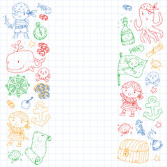 Pirate party. Illustrations for little children. Kids birthday celebration with treasure island, octopus, pirates