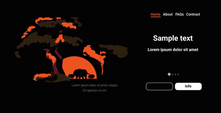 Echidna Silhouettes Near Tree Animals Dying In Bushfire Forest Fires In Australia Wildfire Natural Disaster Concept Intense Orange Flames Horizontal Copy Space Vector Illustration