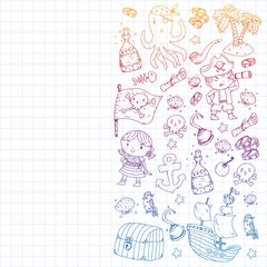 Pirate party. Illustrations for little children. Kids birthday celebration with treasure island, octopus, pirates