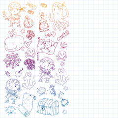 Pirate party. Illustrations for little children. Kids birthday celebration with treasure island, octopus, pirates