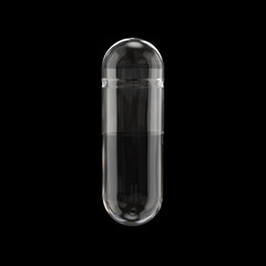 Empty Transparent Medicine Capsule Pill. Realistic 3D Render Isolated on Black Background Close-Up.