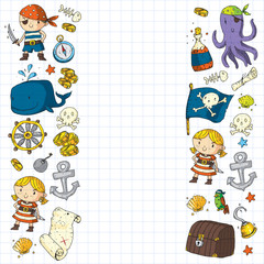 Pirate party. Illustrations for little children. Kids birthday celebration with treasure island, octopus, pirates