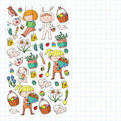 Vector pattern with easter and spring elements. Eggs in basket, bunny, flowers, birds
