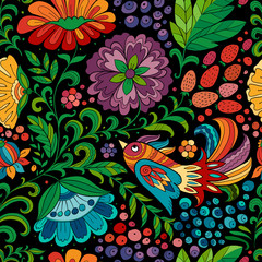 Cotton fabric Magic forest with birds, seamless pattern for your design