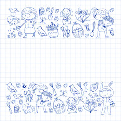 Vector pattern with easter and spring elements. Eggs in basket, bunny, flowers, birds