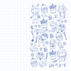 Fototapeta premium Vector pattern with easter and spring elements. Eggs in basket, bunny, flowers, birds