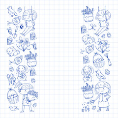 Vector pattern with easter and spring elements. Eggs in basket, bunny, flowers, birds