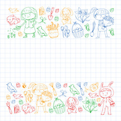 Vector pattern with easter and spring elements. Eggs in basket, bunny, flowers, birds