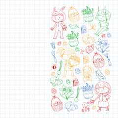 Vector pattern with easter and spring elements. Eggs in basket, bunny, flowers, birds