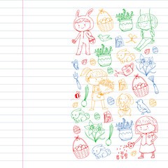 Vector pattern with easter and spring elements. Eggs in basket, bunny, flowers, birds