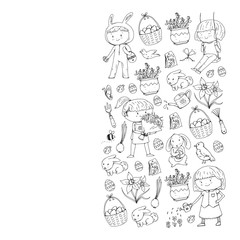 Vector pattern with easter and spring elements. Eggs in basket, bunny, flowers, birds